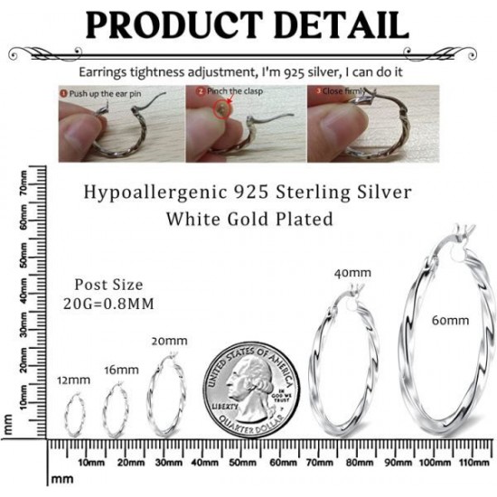 925 Sterling Silver Twisted Hoop Earrings For Women White Gold Plated Small Hoop Earrings Lightweight Huggie Hinged Hoop Earring 925 Sterling Silver Twisted Hoop Earrings For Women White Gold Plated Small Hoop Earrings Lightweight Huggie Hinged Hoop Earring